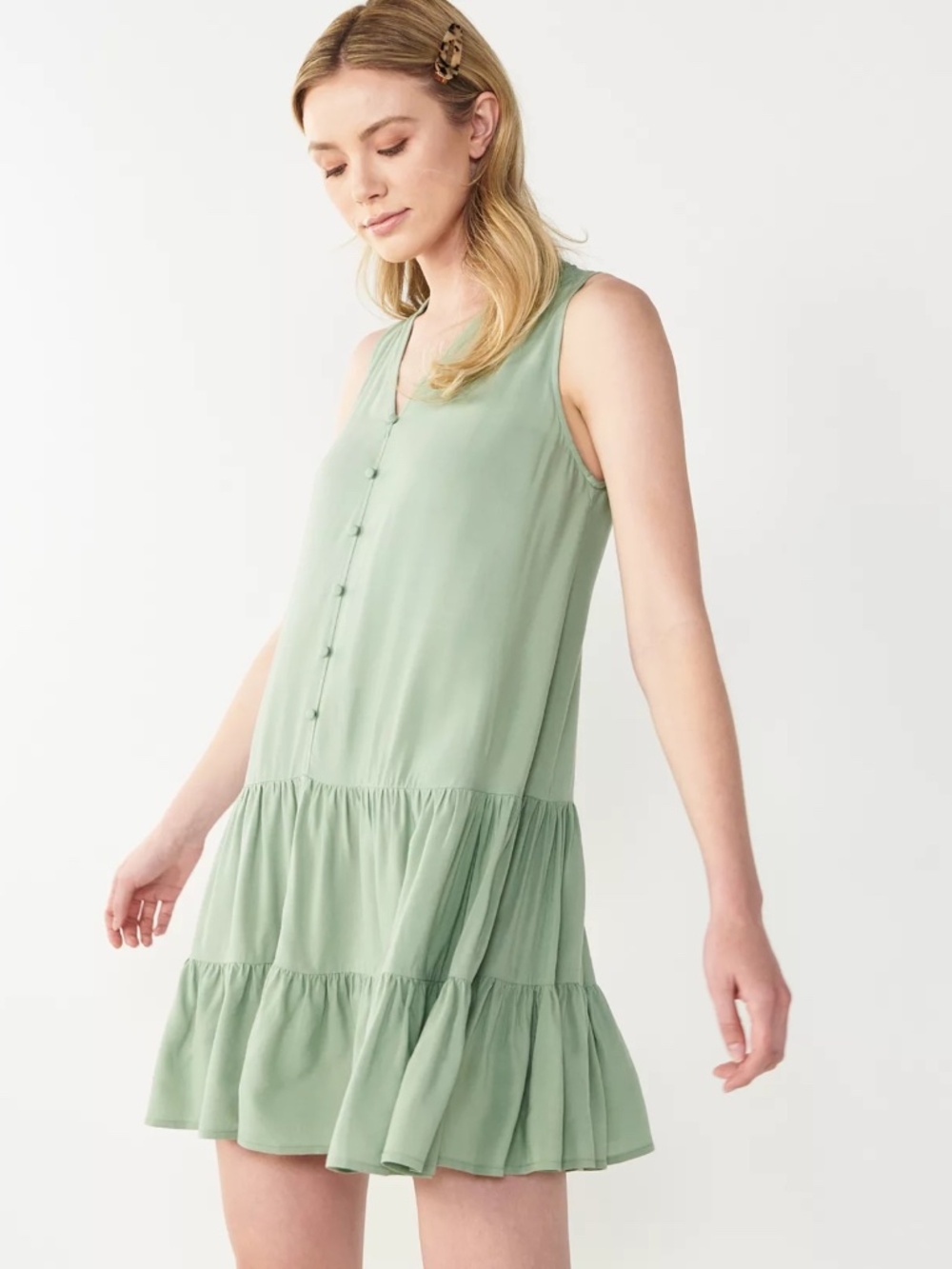 Coastal Minimalist Medium Mini Dress Tiered Hem Button Front Sage‎
